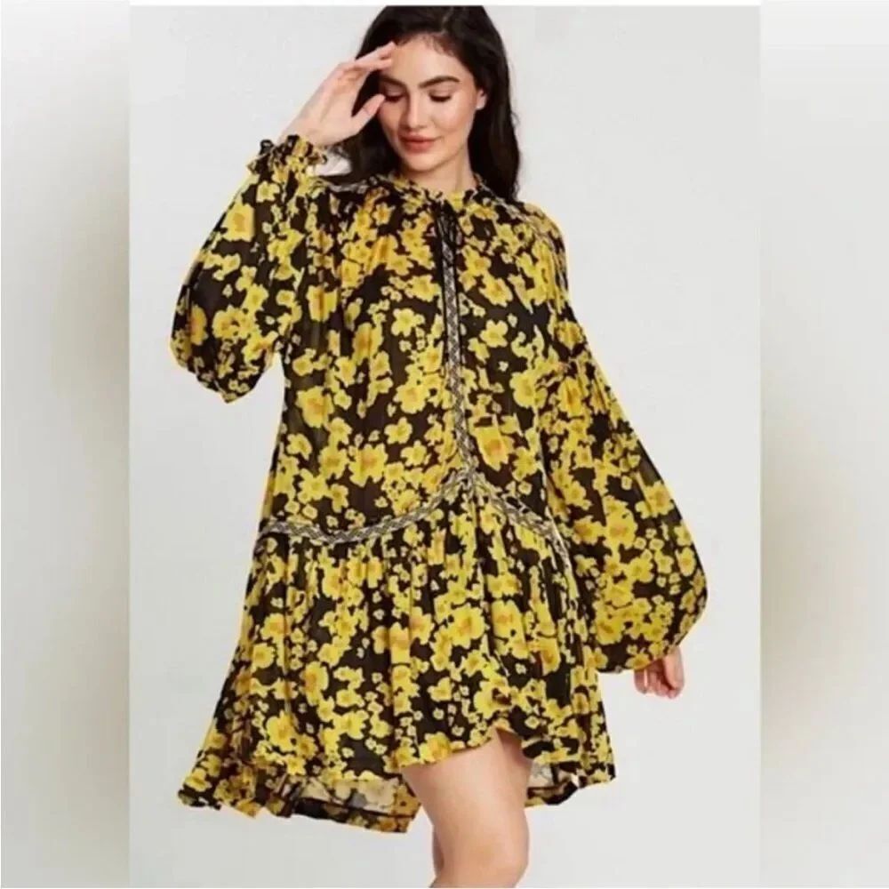 Free People Love Letter Floral Oversized Tunic Black Yellow Combo Size Small